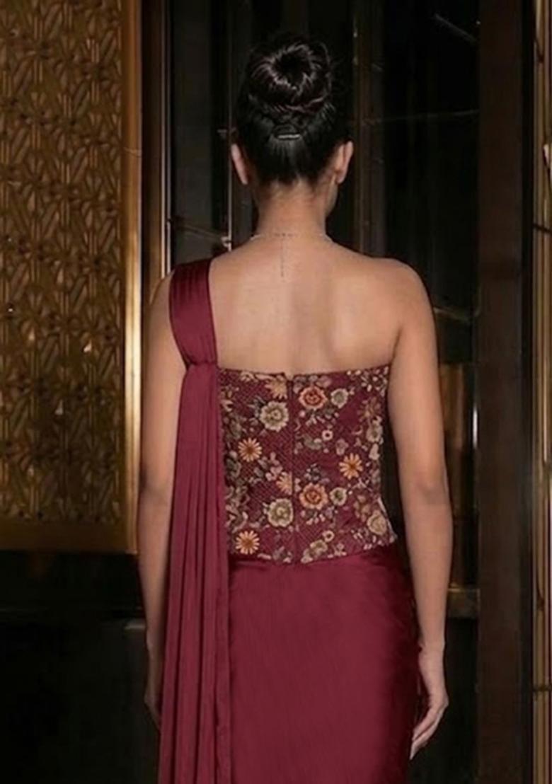 Maroon Embroidered Tissue Pre Draped Saree Set - Indya