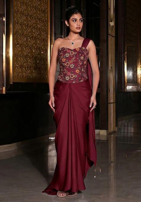 Maroon Embroidered Tissue Pre Draped Saree Set