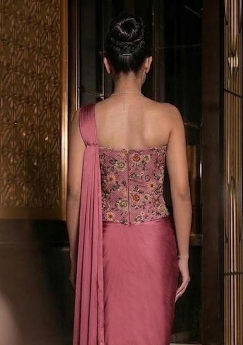 Pink Embroidered Tissue Pre Draped Saree Set - Indya