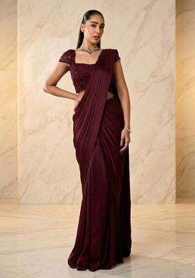 Maroon Red Embroidered Handwork Pre Draped Saree Set