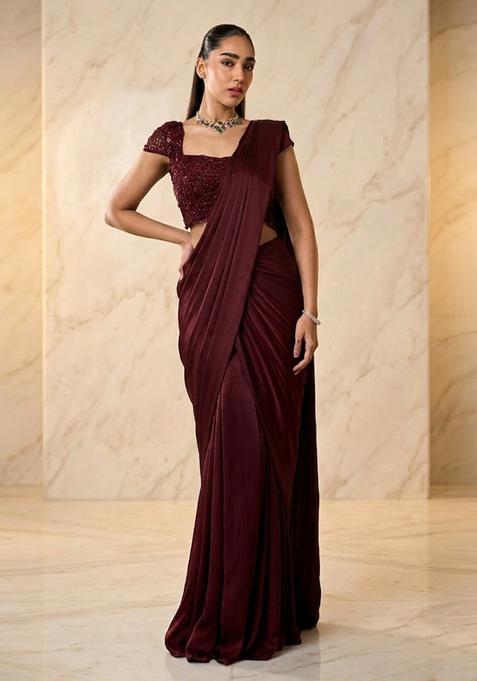 Maroon Red Embroidered Handwork Pre Draped Saree Set