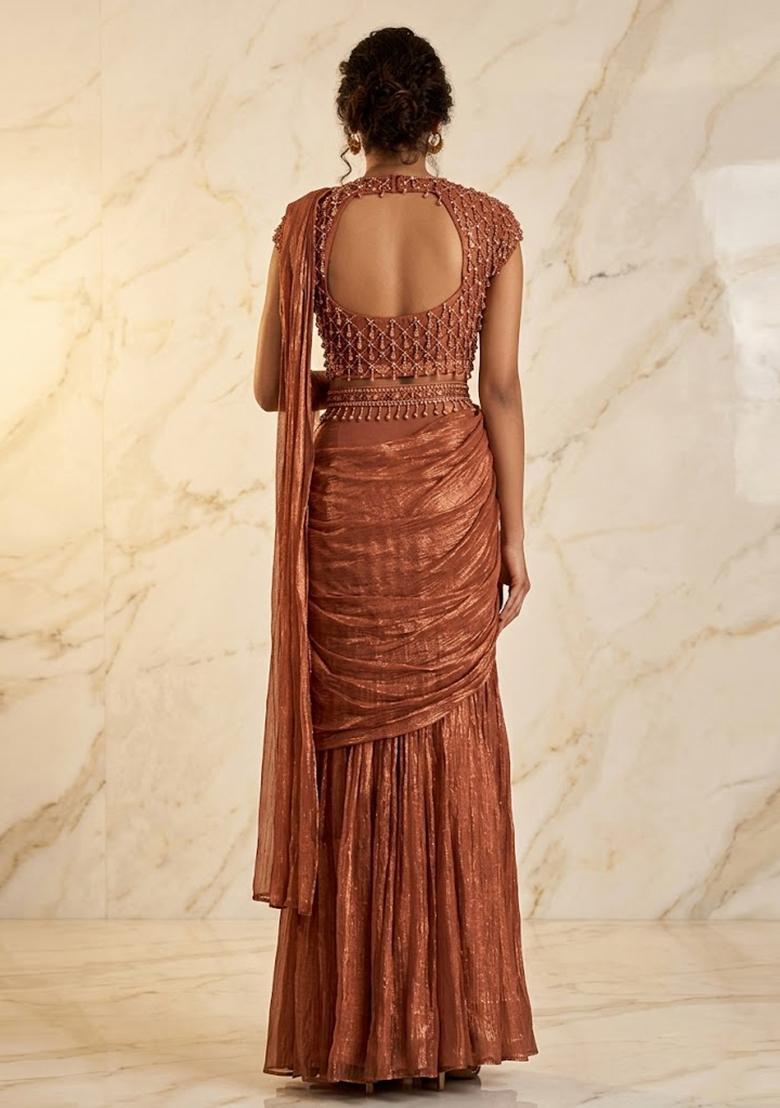 Rose Gold Brown Embroidered Handwork Pre Draped Saree Set - Indya