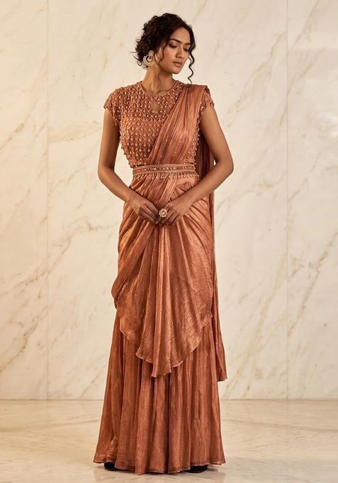 Rose Gold Brown Embroidered Handwork Pre Draped Saree Set
