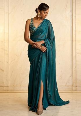 Teal Blue Embroidered Handwork Pre Draped Saree Set