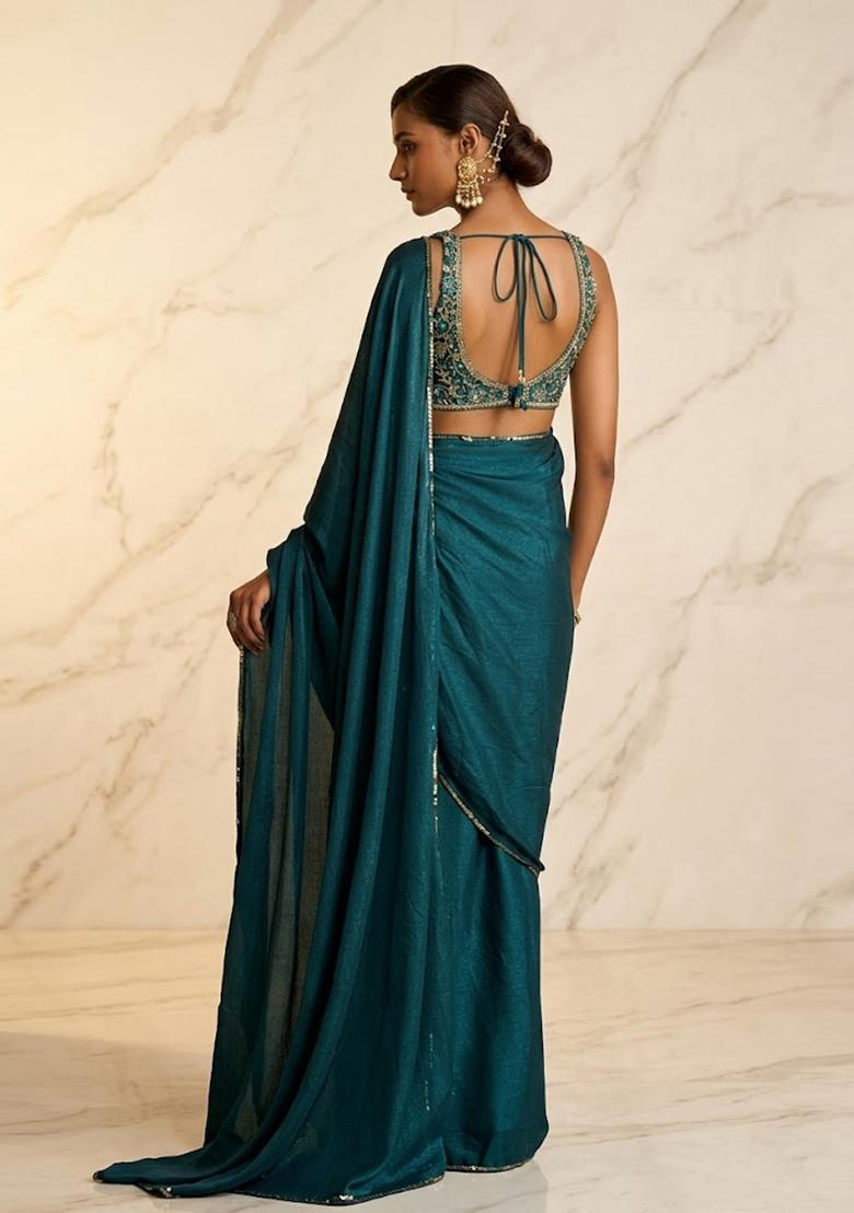 Teal Blue Embroidered Handwork Pre Draped Saree Set - Indya