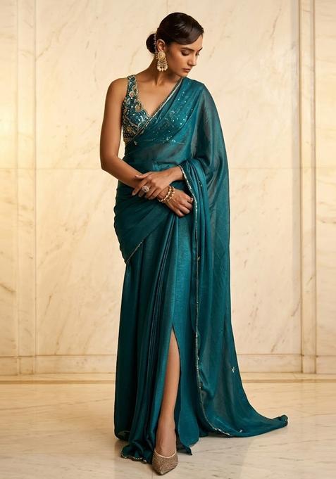 Teal Blue Embroidered Handwork Pre Draped Saree Set