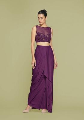 Plum Embroidered Net Fusion Set