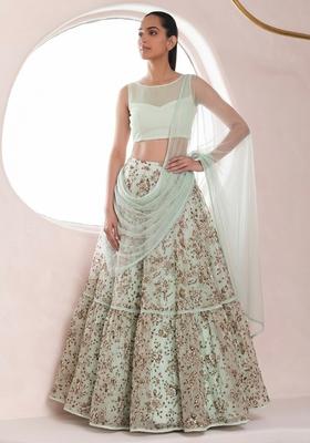 Mint Green Printed Crepe Lehenga Set