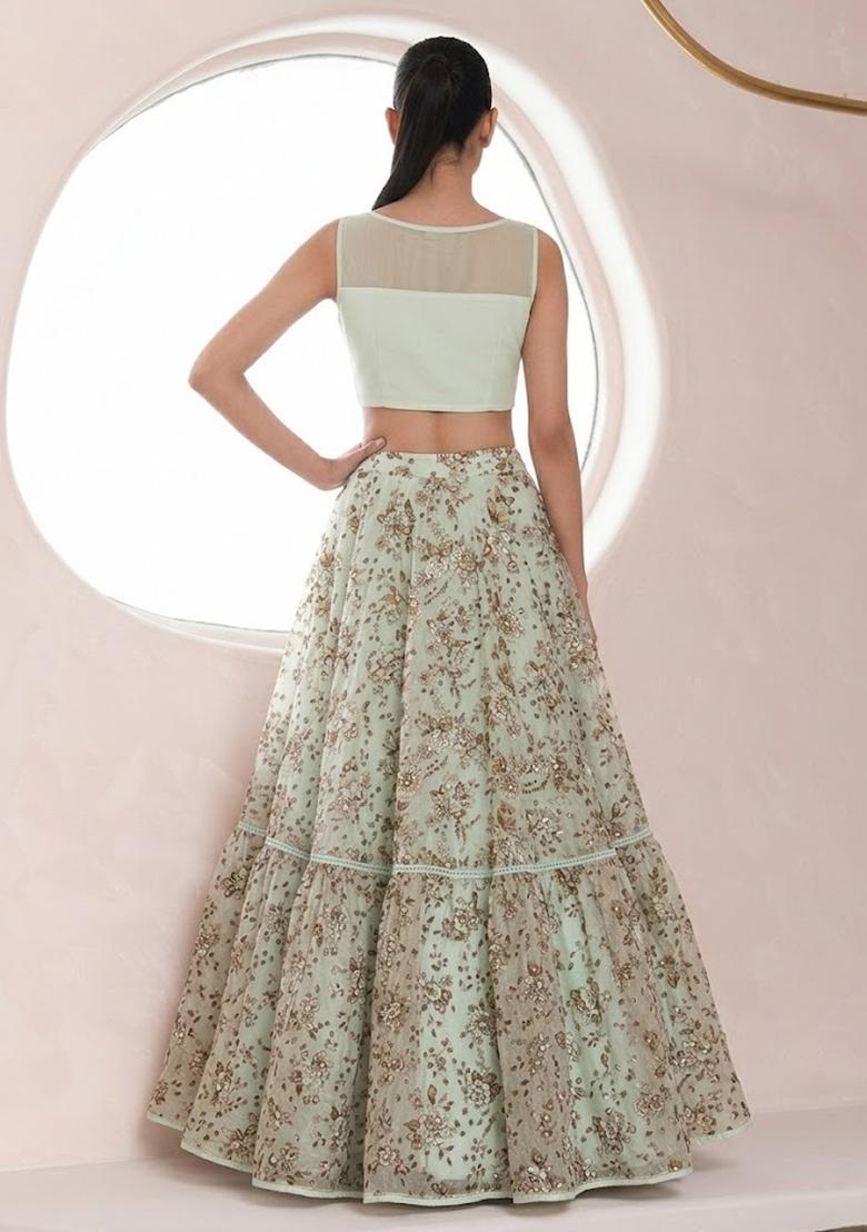 Mint Green Printed Crepe Lehenga Set - Indya