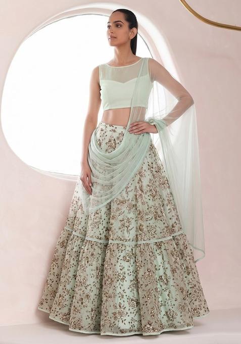 Mint Green Printed Crepe Lehenga Set