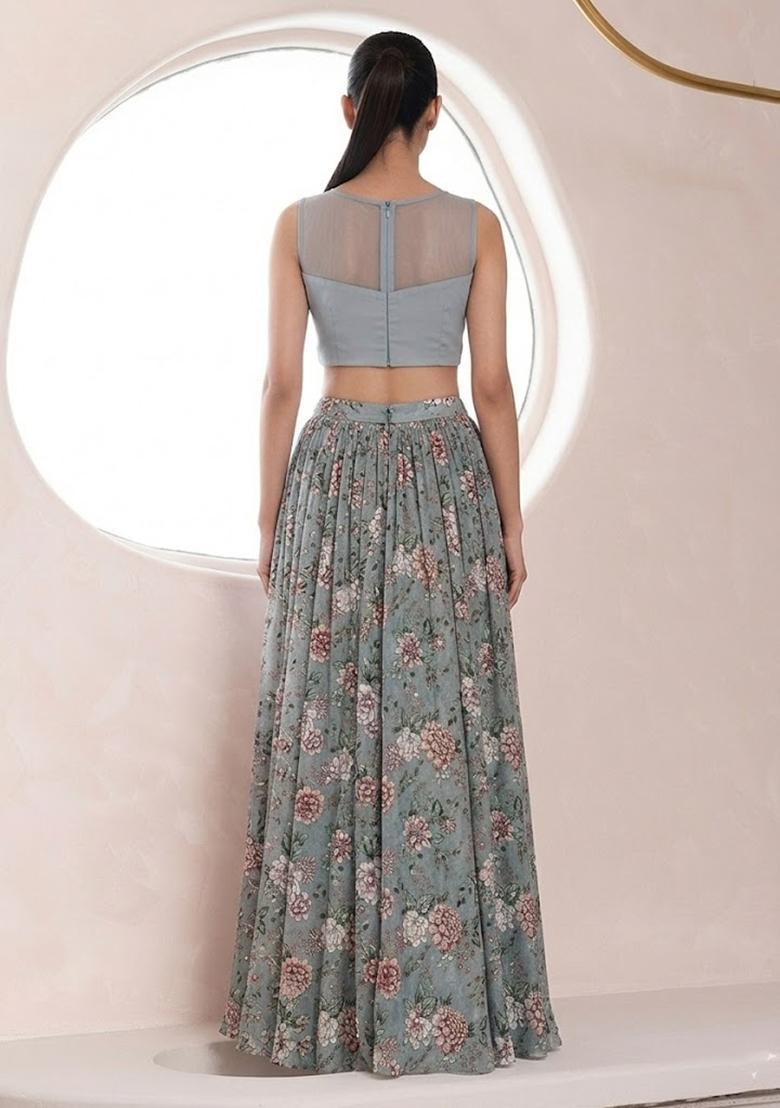 Dusty Blue Printed Crepe Lehenga Set - Indya