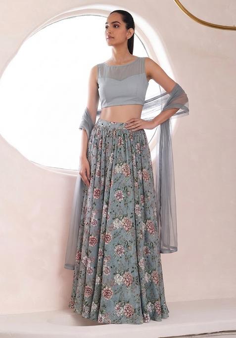 Dusty Blue Printed Crepe Lehenga Set