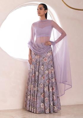 Lilac Printed Crepe Lehenga Set