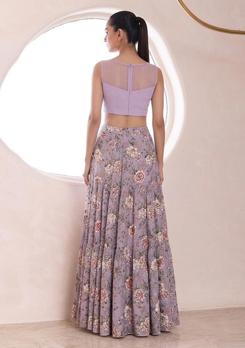 Lilac Printed Crepe Lehenga Set - Indya