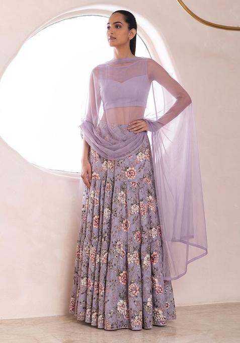 Lilac Printed Crepe Lehenga Set