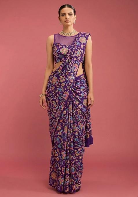 Royal Purple Printed Chanderi Pre Draped Saree Set