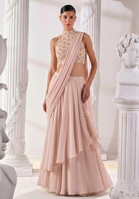 Blush Pink Embroidered Tissue Lehenga Set