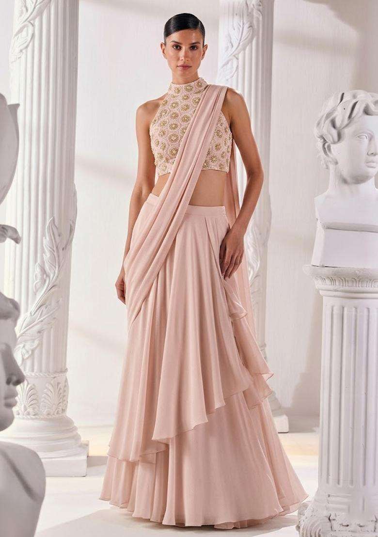 Blush Pink Embroidered Tissue Lehenga Set - Indya