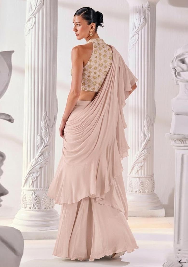 Blush Pink Embroidered Tissue Lehenga Set - Indya