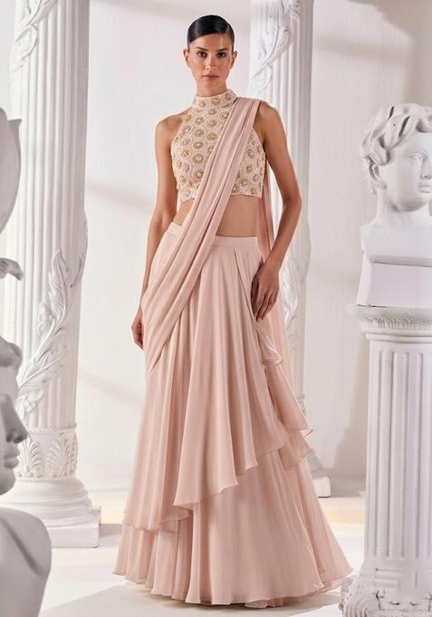 Blush Pink Embroidered Tissue Lehenga Set