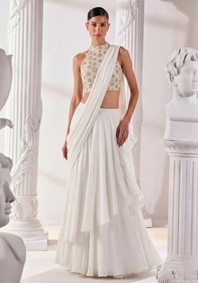 Off White Embroidered Tissue Lehenga Set