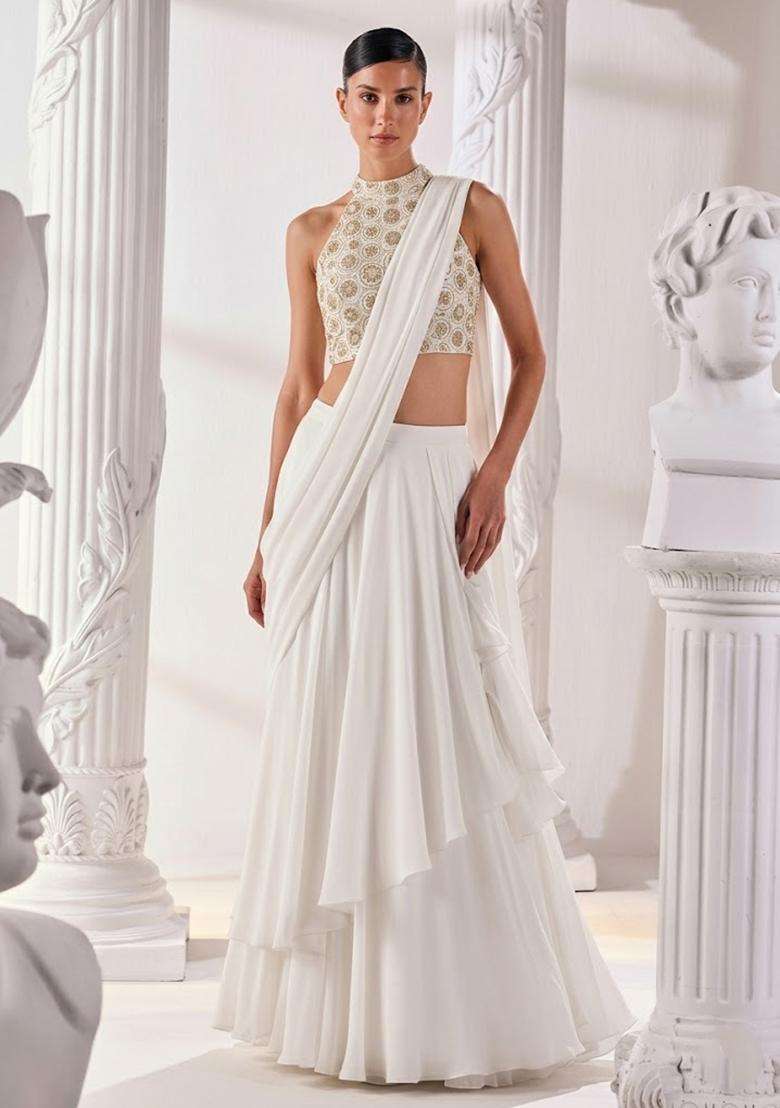 Off White Embroidered Tissue Lehenga Set - Indya