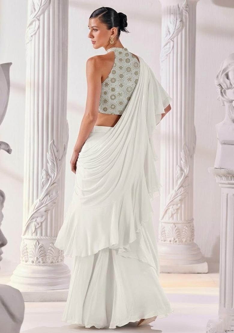 Off White Embroidered Tissue Lehenga Set - Indya