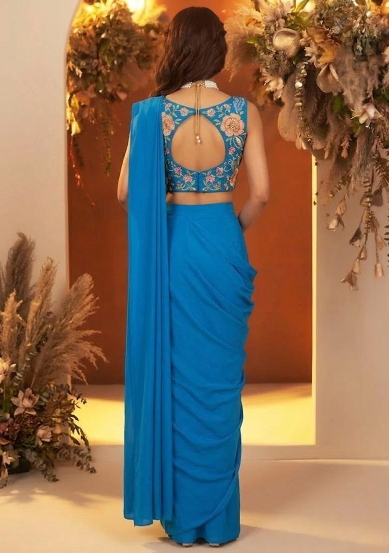 Royal Blue Printed Crepe Pre Draped Saree Set - Indya