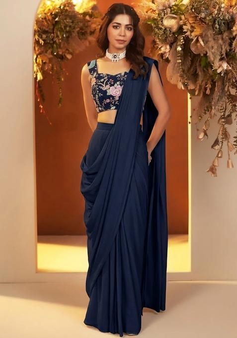 Navy Blue Printed Crepe Pre Draped Saree Set