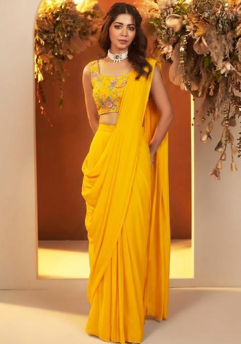 Yellow Printed Crepe Pre Draped Saree Set
