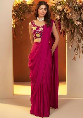 Magenta Pink Printed Crepe Pre Draped Saree Set