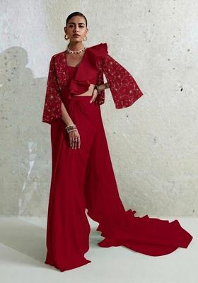 Crimson Red Embroidered Net Pre Draped Saree Set
