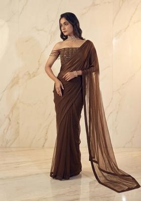 Chocolate Brown Embroidered Handwork Pre Draped Saree Set