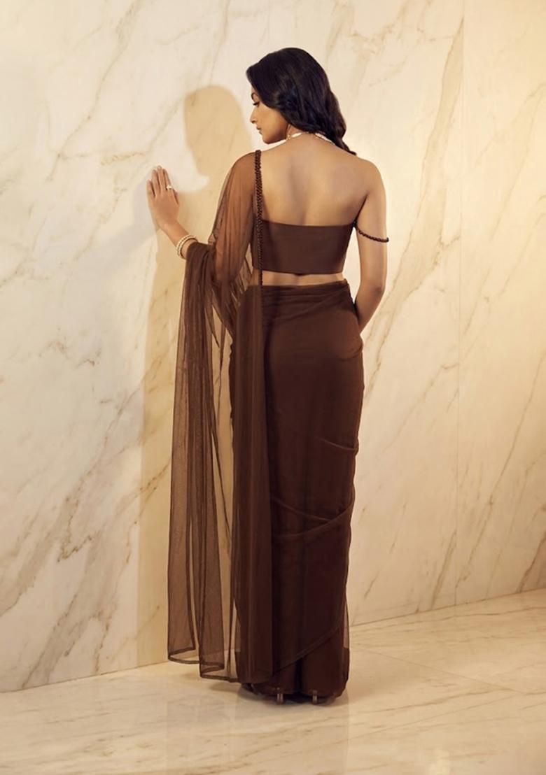 Chocolate Brown Embroidered Handwork Pre Draped Saree Set - Indya