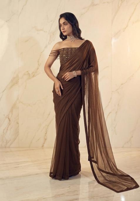 Chocolate Brown Embroidered Handwork Pre Draped Saree Set
