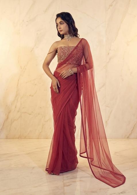 Maroon Embroidered Handwork Pre Draped Saree Set