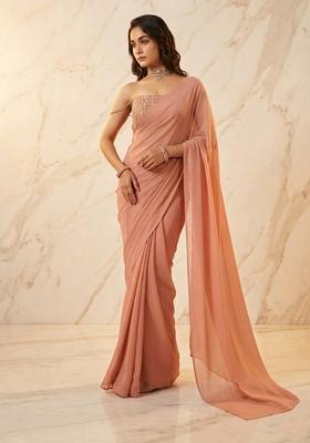 Peach Embroidered Handwork Pre Draped Saree Set