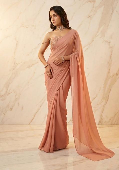Peach Embroidered Handwork Pre Draped Saree Set