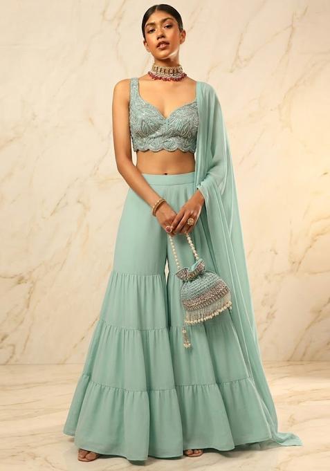 Sky Blue Embroidered Handwork Lehenga Set