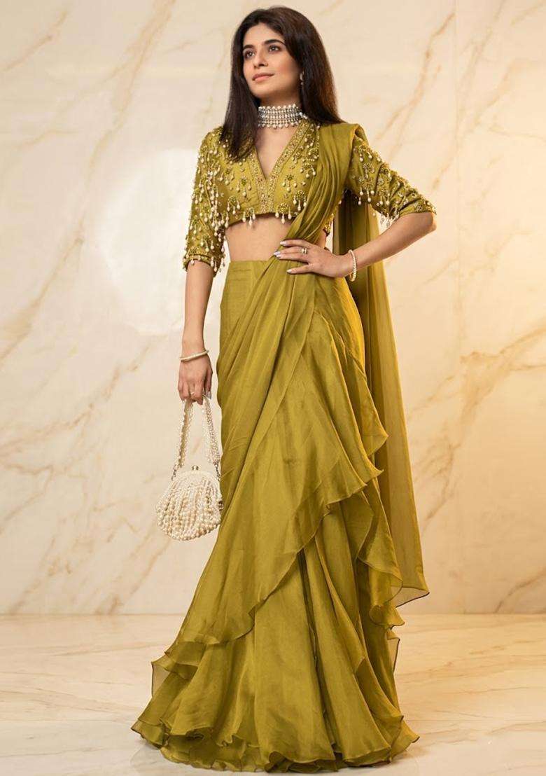 Olive Green Embroidered Handwork Pre Draped Saree Set - Indya