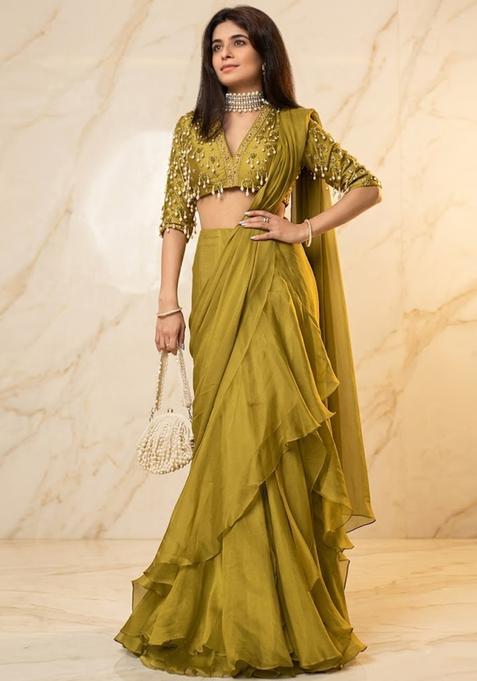 Olive Green Embroidered Handwork Pre Draped Saree Set