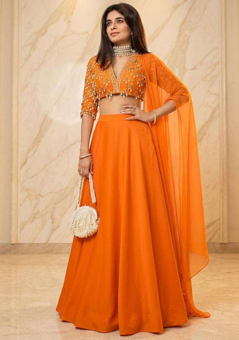 Orange Embroidered Handwork Pre Draped Saree Set - Indya
