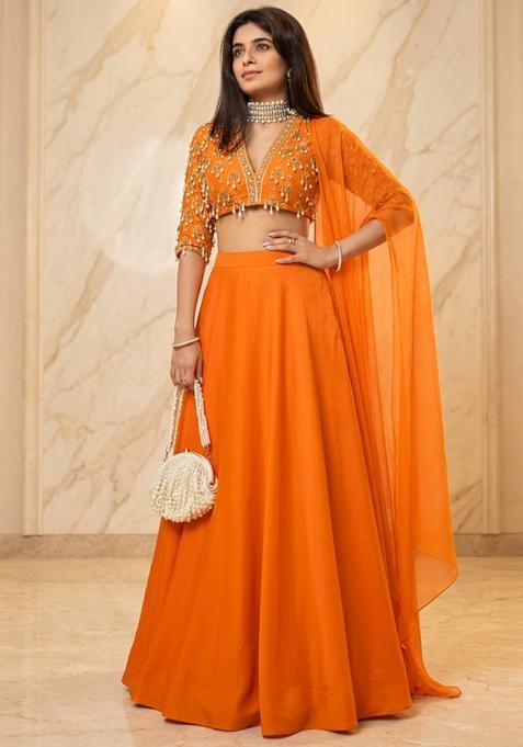 Orange Embroidered Handwork Pre Draped Saree Set