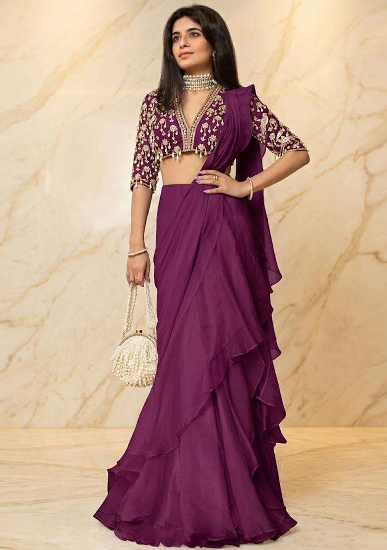 Purple Embroidered Handwork Pre Draped Saree Set - Indya