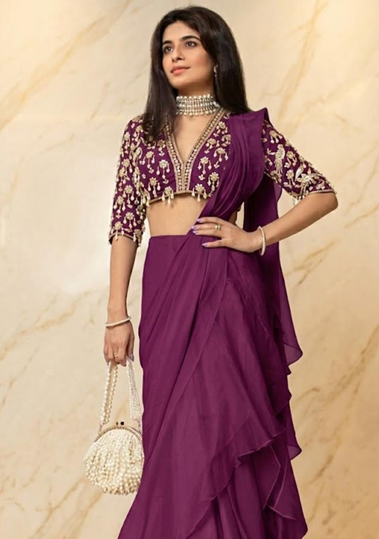 Purple Embroidered Handwork Pre Draped Saree Set - Indya