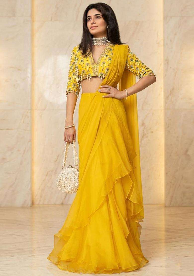 Yellow Embroidered Handwork Pre Draped Saree Set - Indya