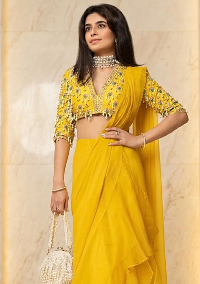 Yellow Embroidered Handwork Pre Draped Saree Set - Indya