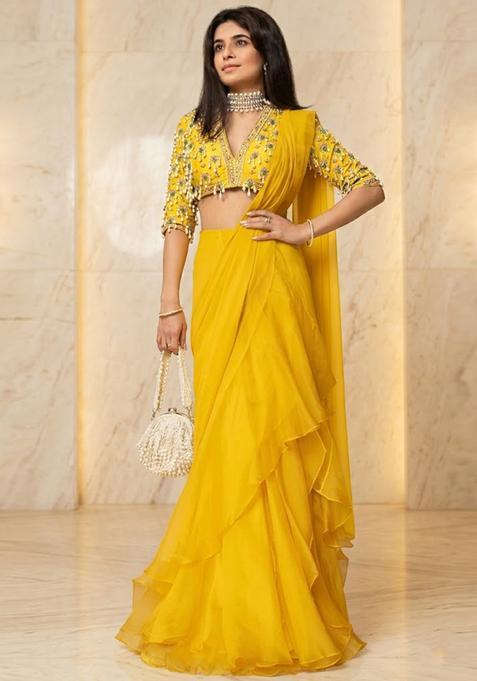 Yellow Embroidered Handwork Pre Draped Saree Set