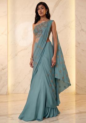 Powder Blue Embroidered Handwork Pre Draped Saree Set