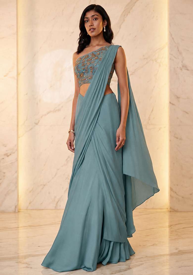 Powder Blue Embroidered Handwork Pre Draped Saree Set - Indya